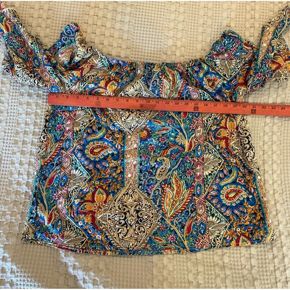 Paisley Blouse Size Large Off or On Shoulder Deep Blue Pink Elastic Neckline Top - Picture 10 of 11